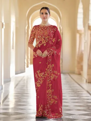 Red Organza Embroidered Saree With Unstitched Blouse