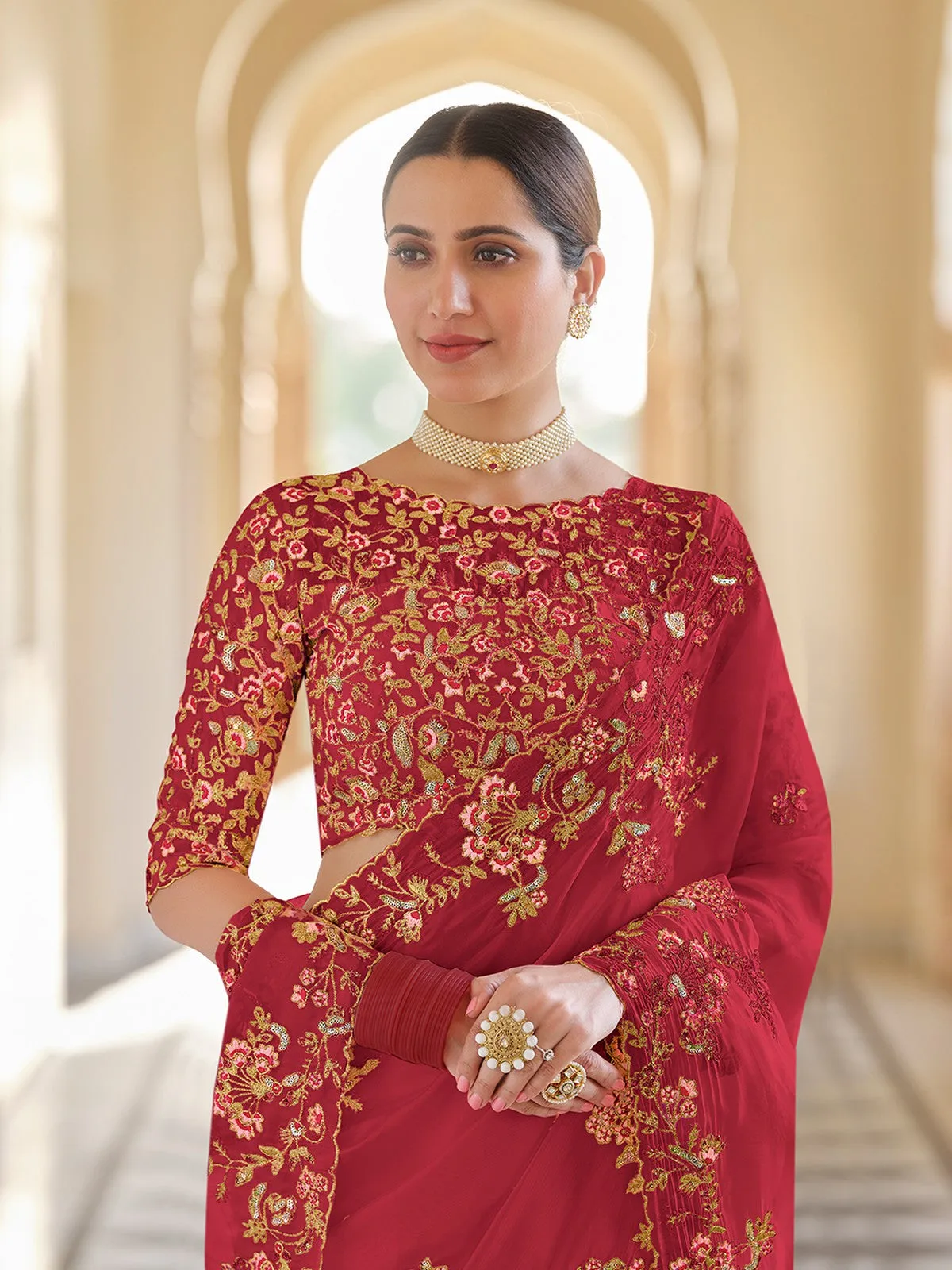 Red Organza Embroidered Saree With Unstitched Blouse