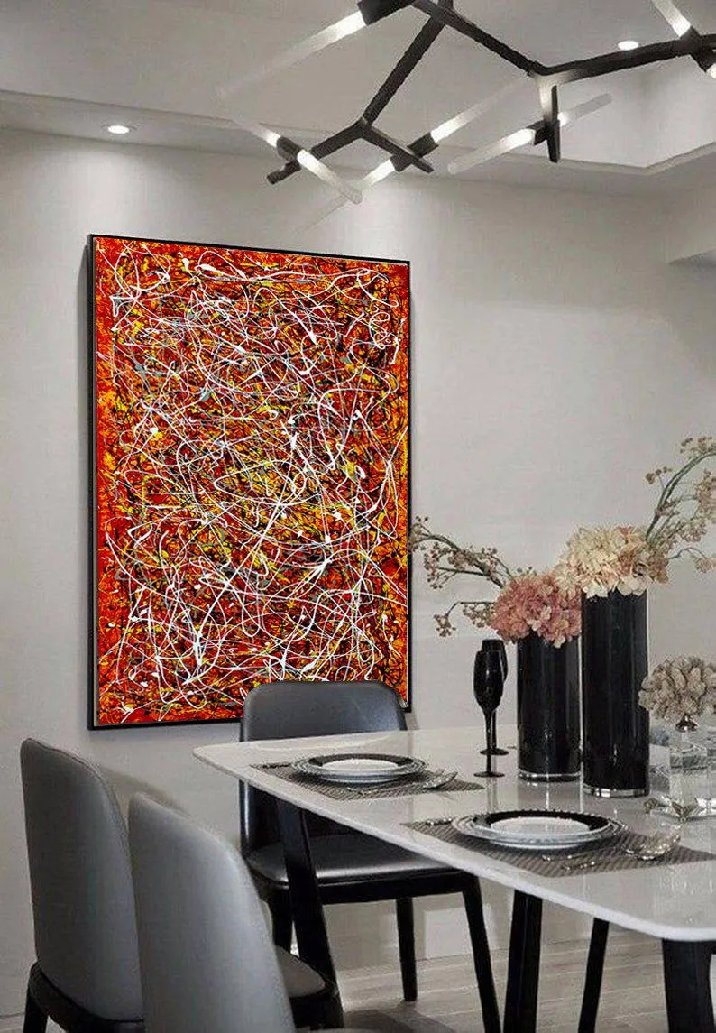 Red Painting Jackson Pollock Style Large art Vintage Style - Modern Wall Art - Red Vintage