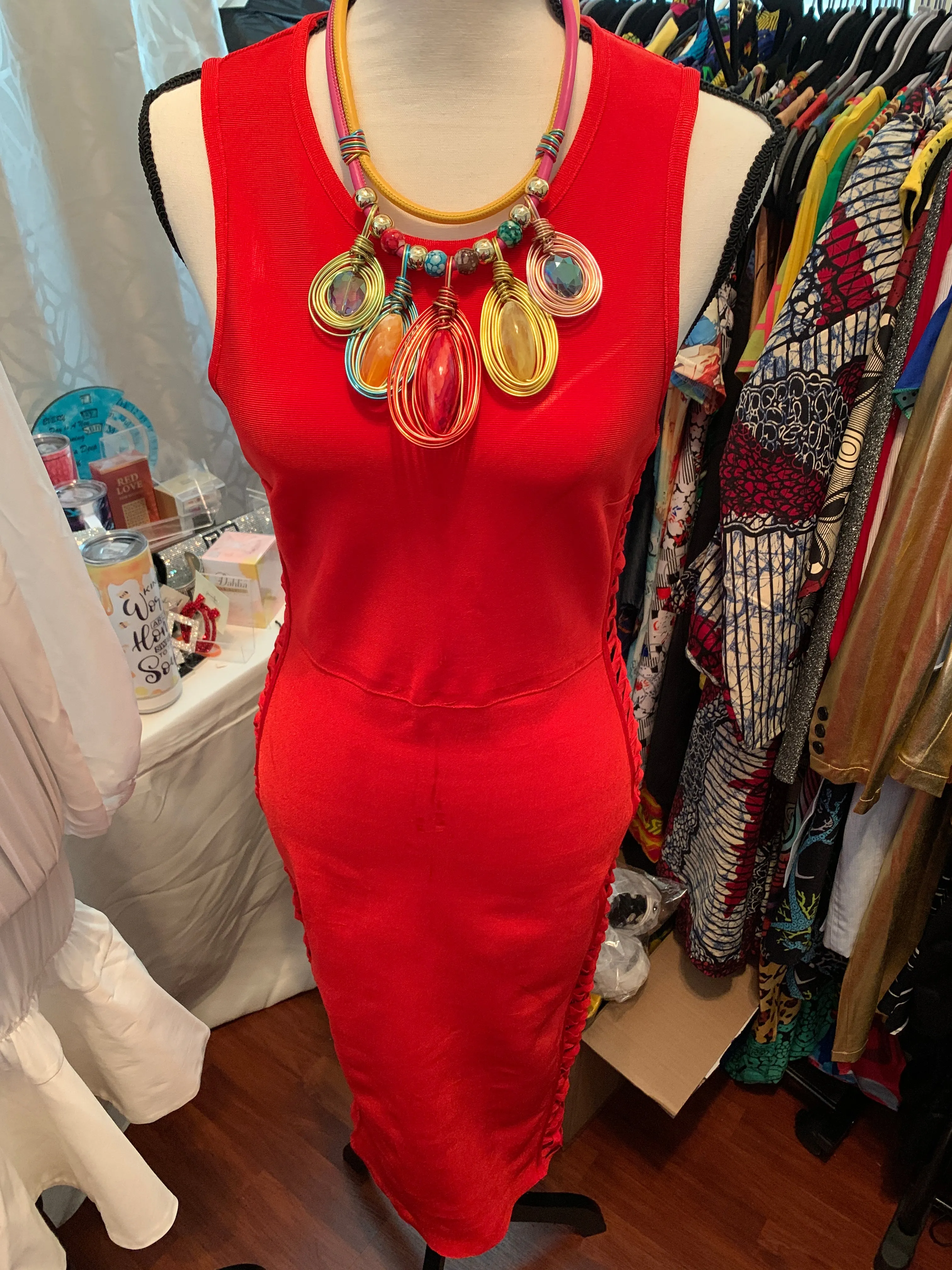 Red Side Lace Bandage Dress