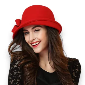 Red Wool Bow Cloche Hat