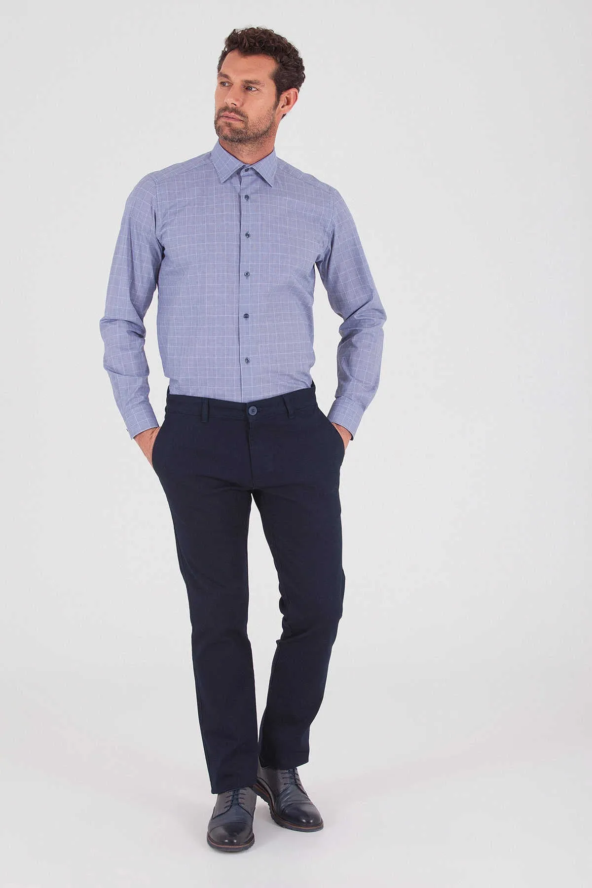 Regular Fit Long Sleeve Checked Cotton Dress Shirt, Navy K. 1