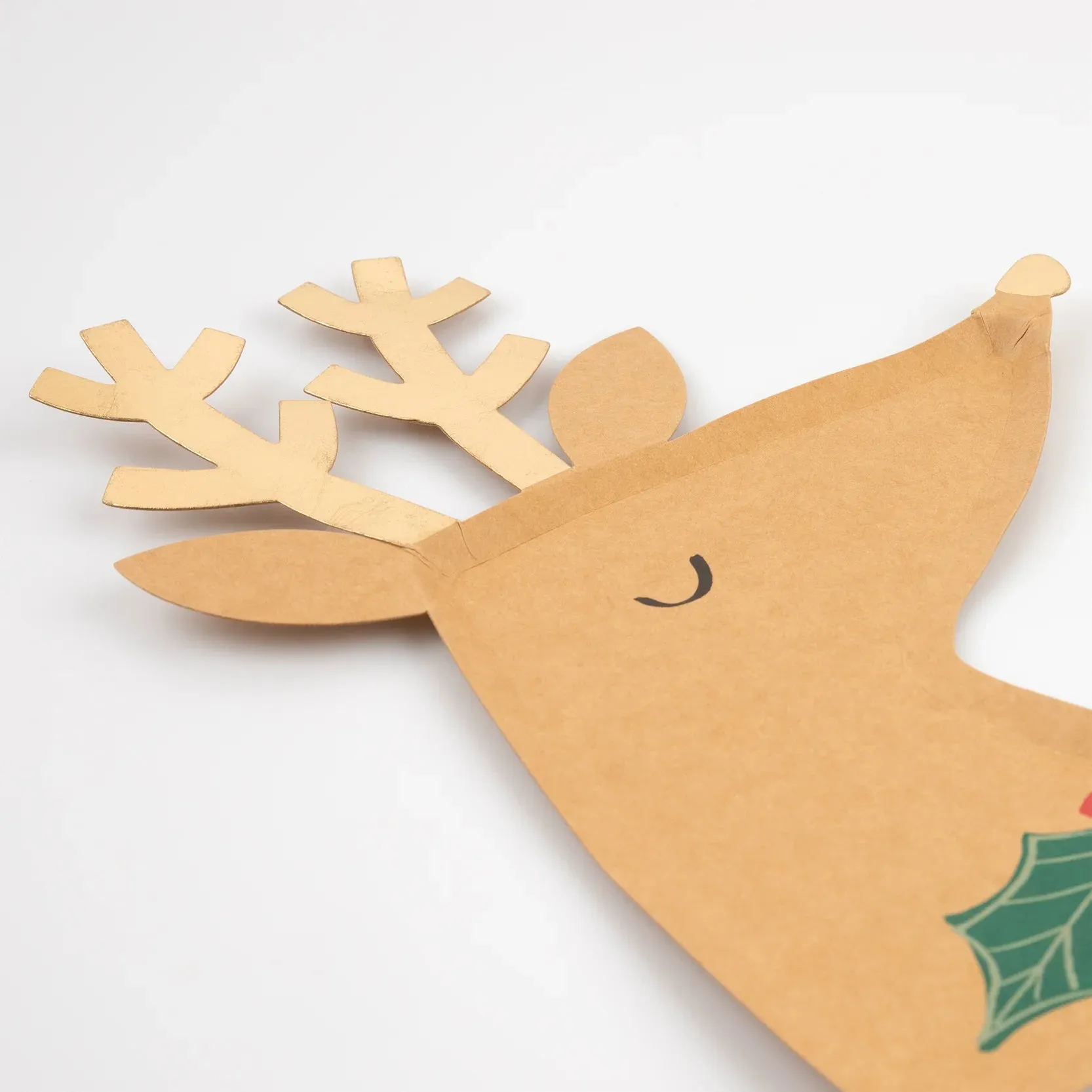Reindeer Plates, Set of 8 Meri Meri Die-Cut Kraft Reindeer with Holly Plates, Gold Foil Antlers, 8.25" x 10.75"