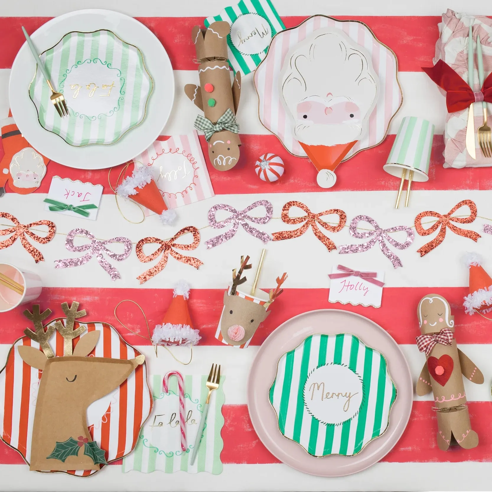 Reindeer Plates, Set of 8 Meri Meri Die-Cut Kraft Reindeer with Holly Plates, Gold Foil Antlers, 8.25" x 10.75"