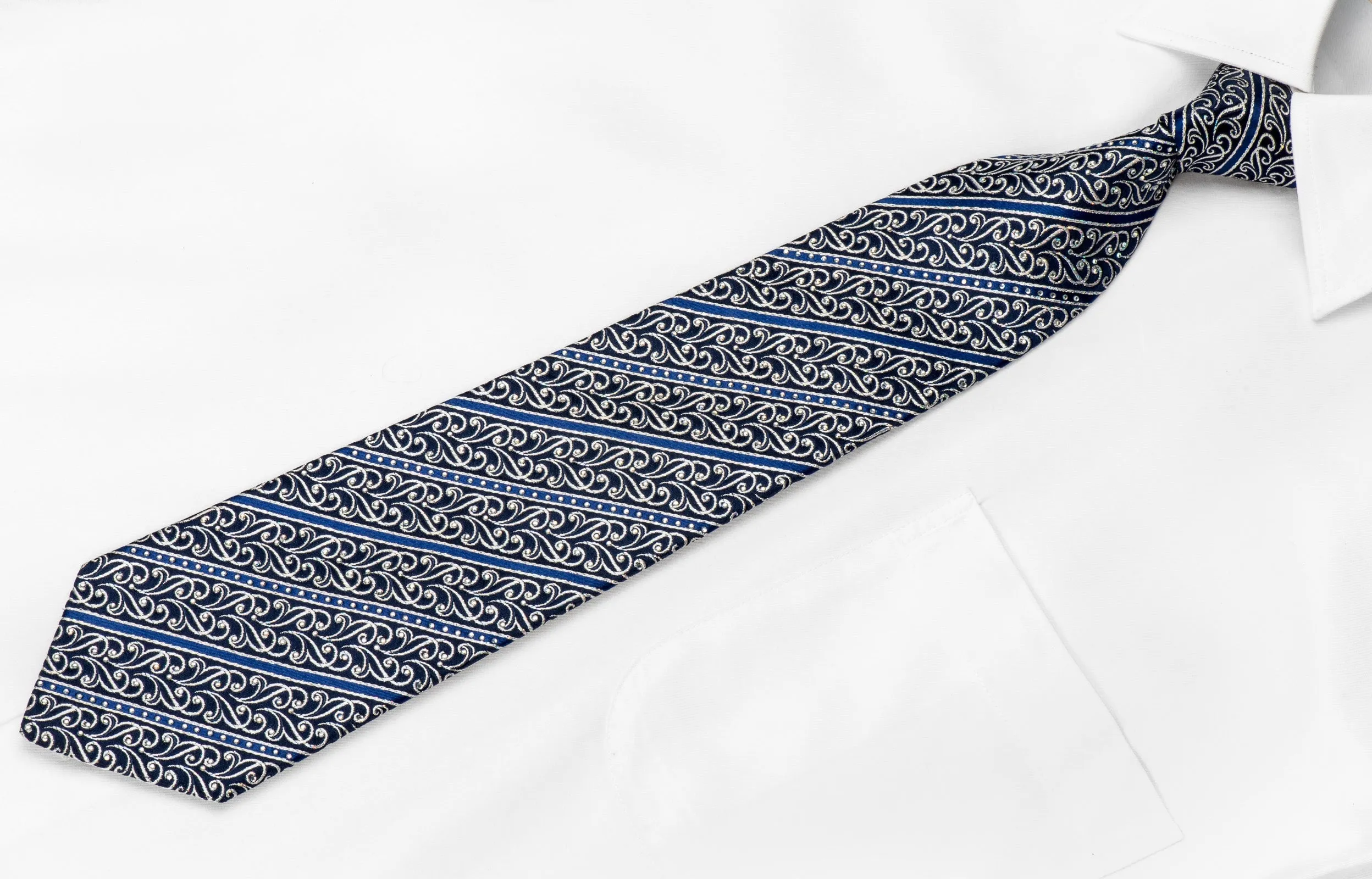 Renoma Men's Crystal Silk Tie Silver Scrolls & Stripes On Blue With Silver Sparkles
