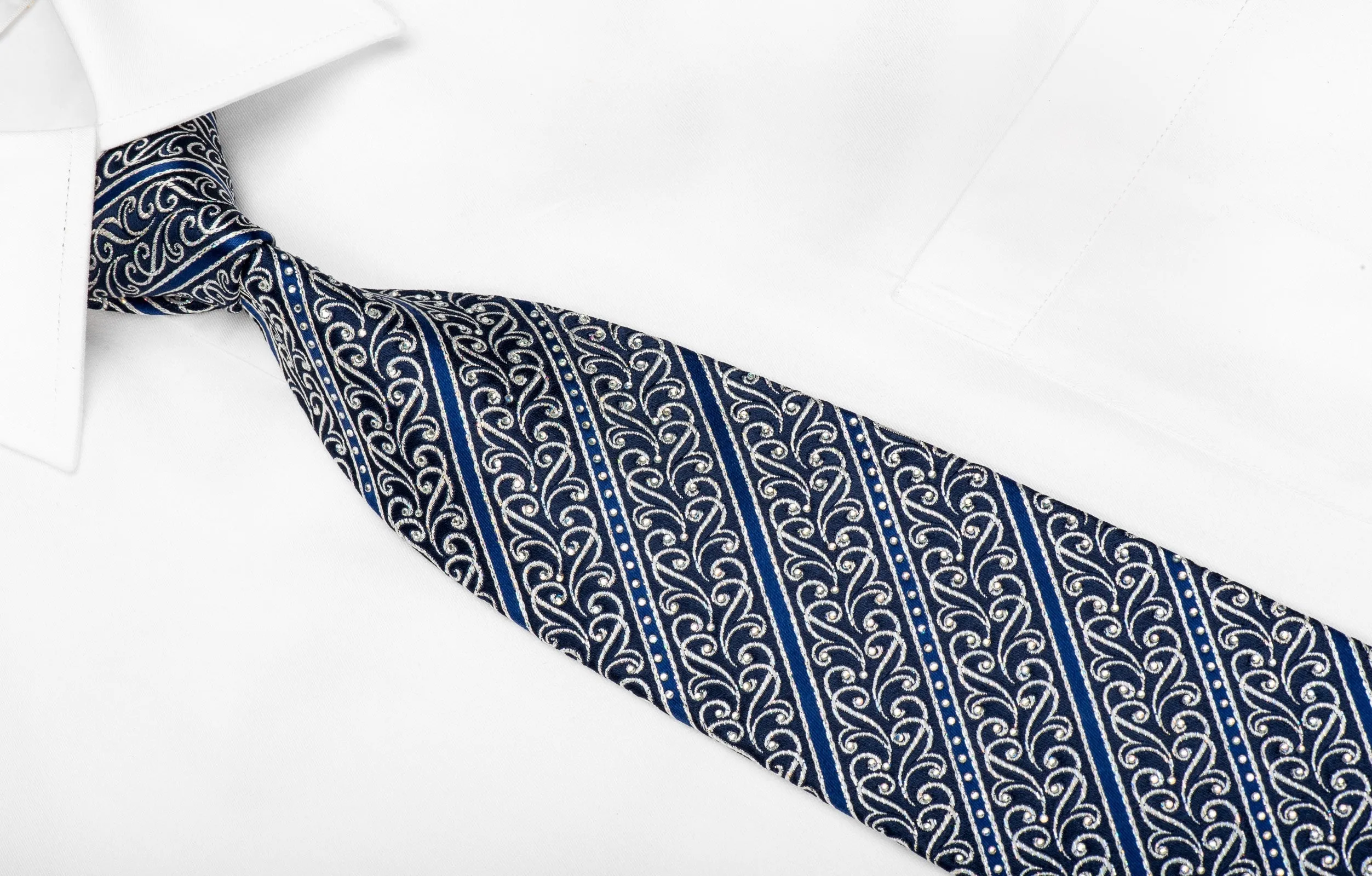 Renoma Men's Crystal Silk Tie Silver Scrolls & Stripes On Blue With Silver Sparkles