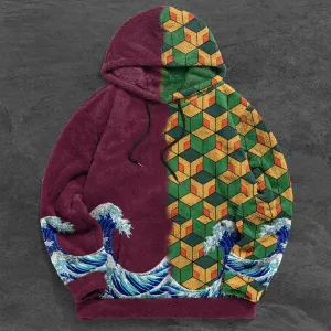 Retro color block trendy brand print plush hoodies