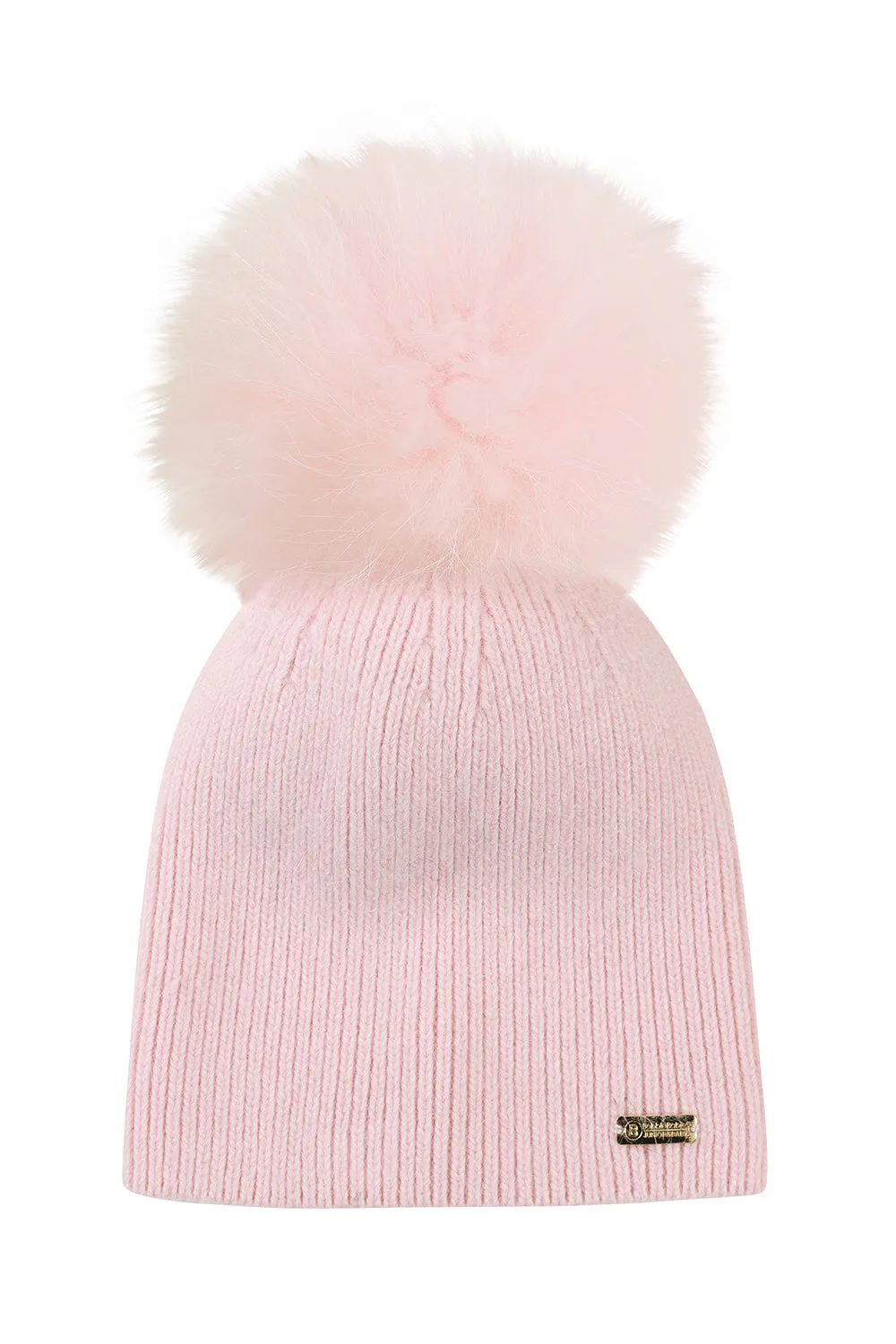 Ribbed knit angora single pompom hat - Pink