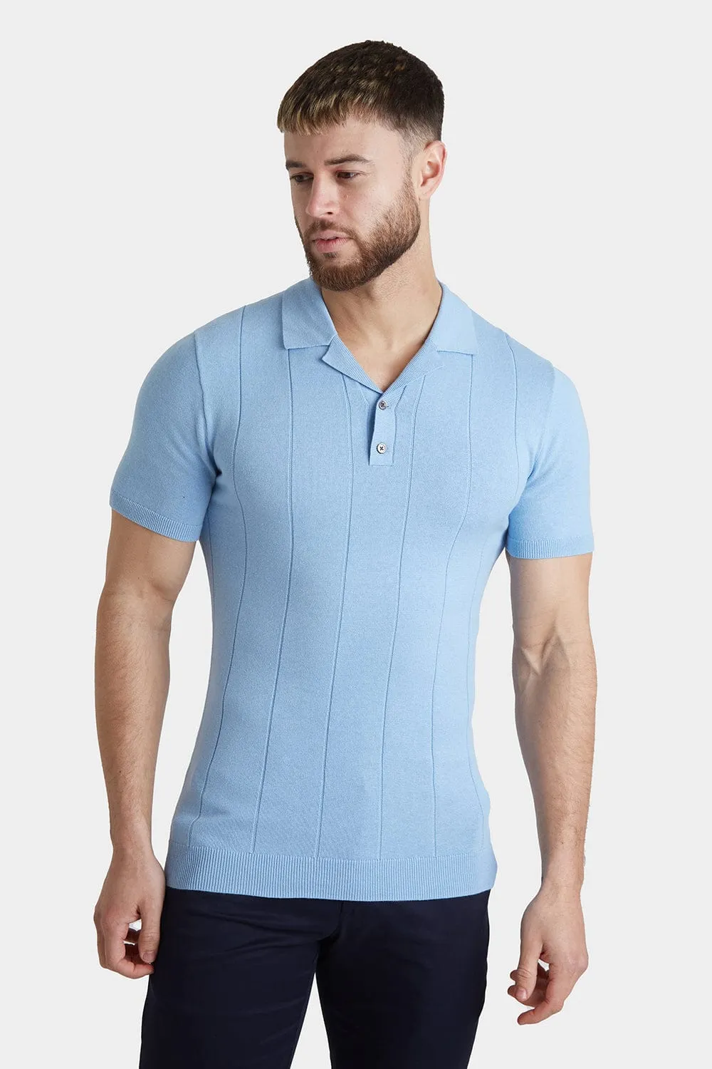 Ribbed Knitted Polo in Blue