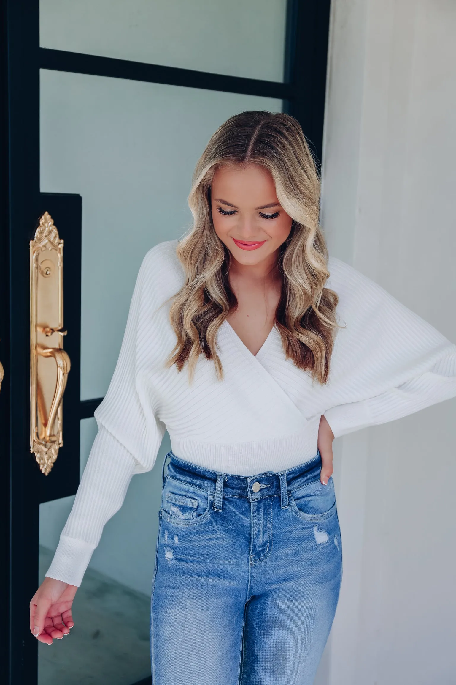 Riley Ribbed Knit Wrap Sweater - White
