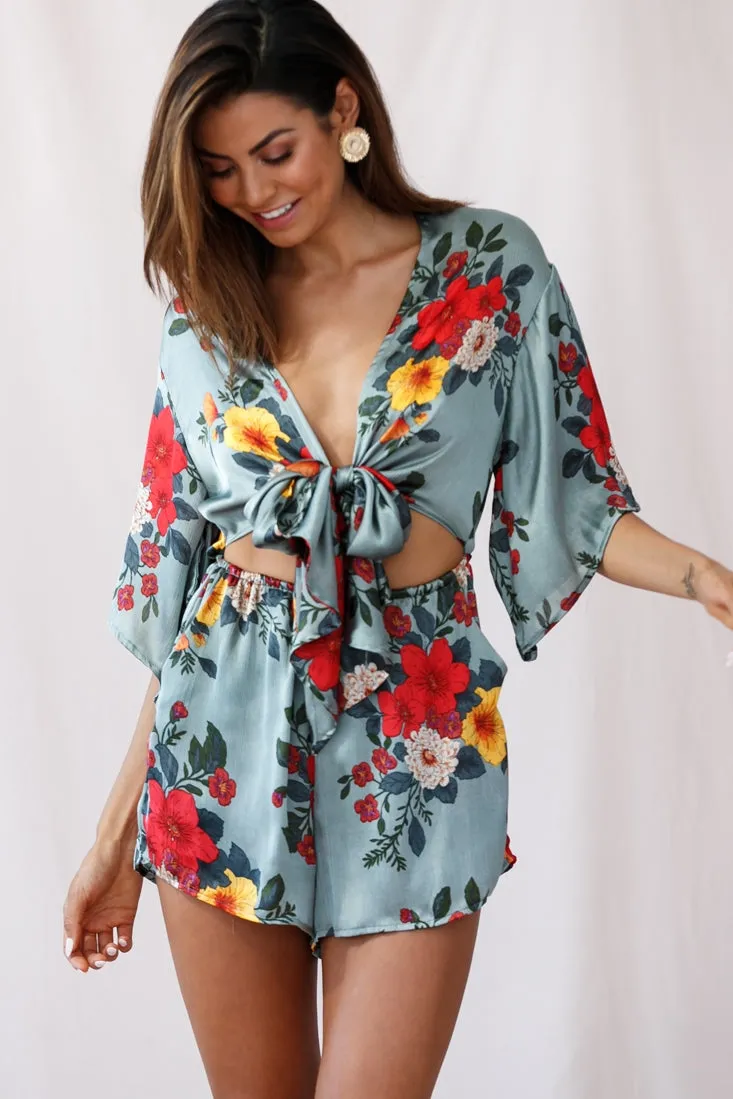 Rivera Tie-Knot Bell Sleeve Romper Sage