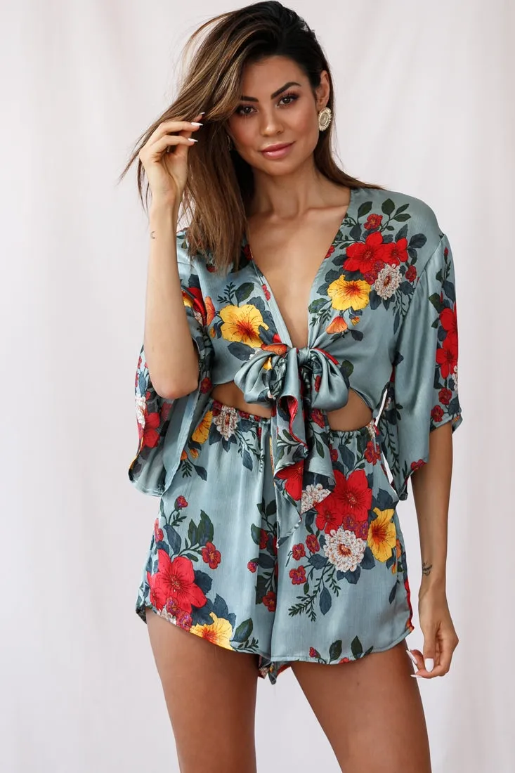 Rivera Tie-Knot Bell Sleeve Romper Sage