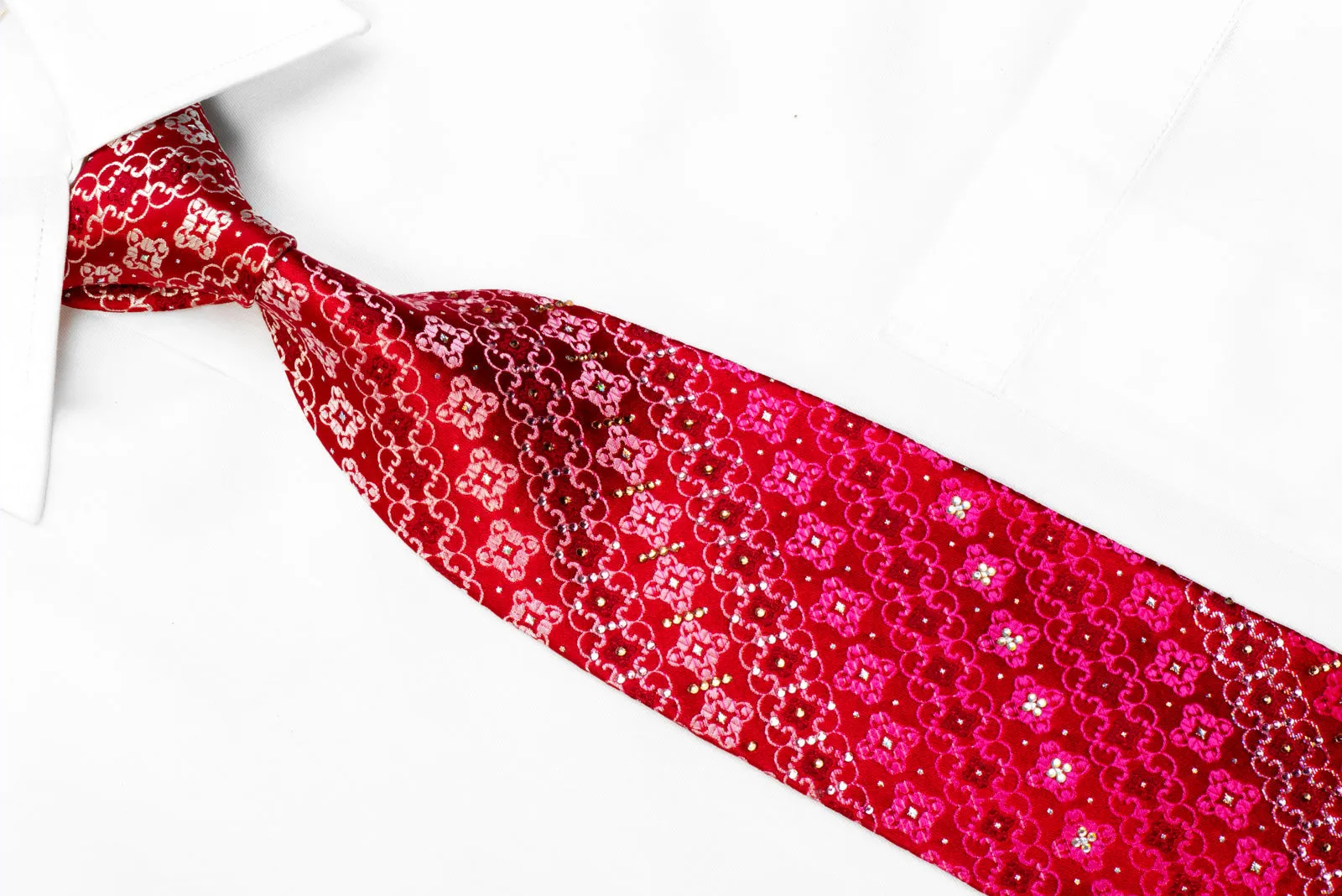 Roberta di Camerino Rhinestone Silk Necktie Cartouche On Red With Silver Sparkles