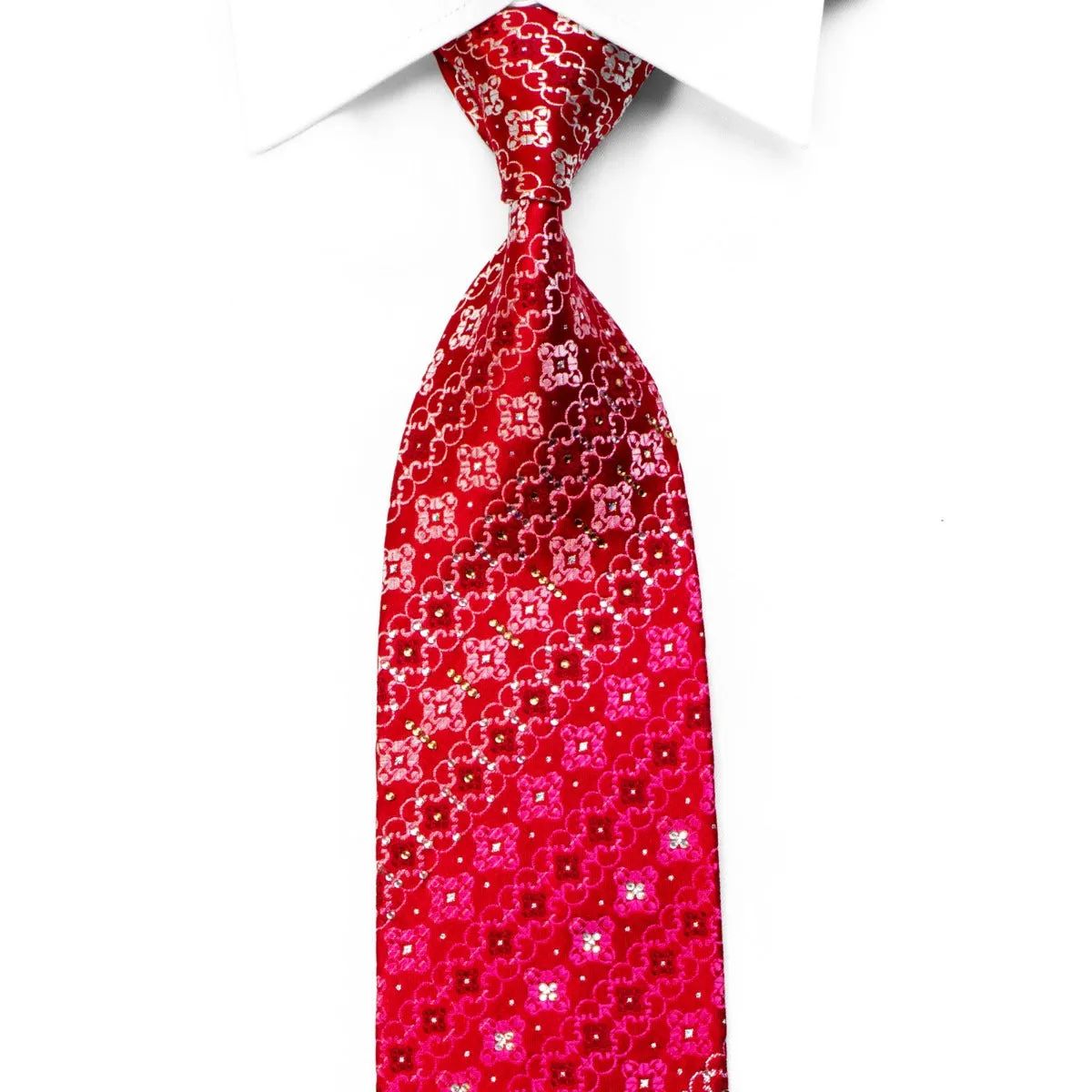 Roberta di Camerino Rhinestone Silk Necktie Cartouche On Red With Silver Sparkles