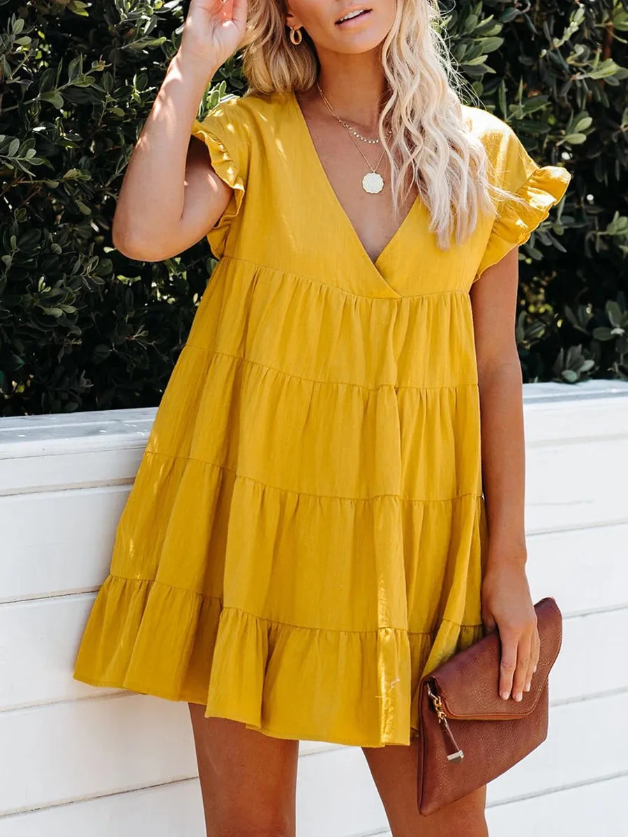 Romantic Casual Loose V Neck Short Sleeve Mini Dress