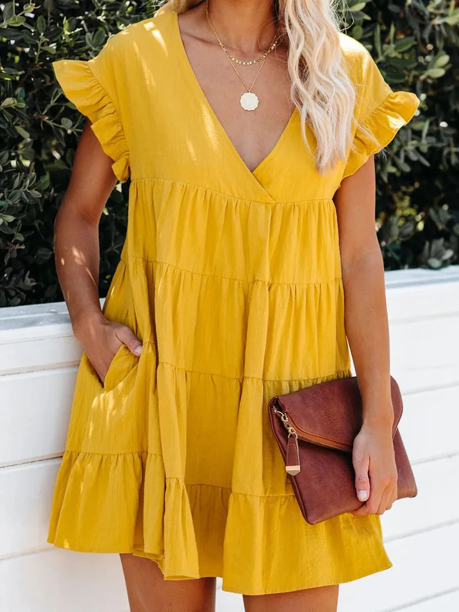 Romantic Casual Loose V Neck Short Sleeve Mini Dress