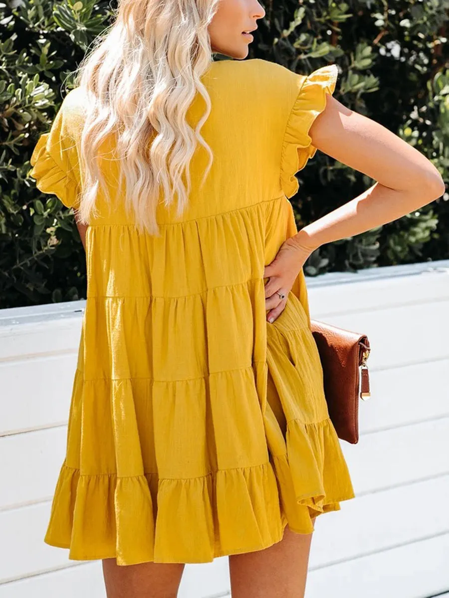 Romantic Casual Loose V Neck Short Sleeve Mini Dress