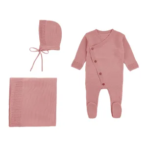 Rommp Eyelet Trim Dusty Pink Knit Onesie W/Bonnet