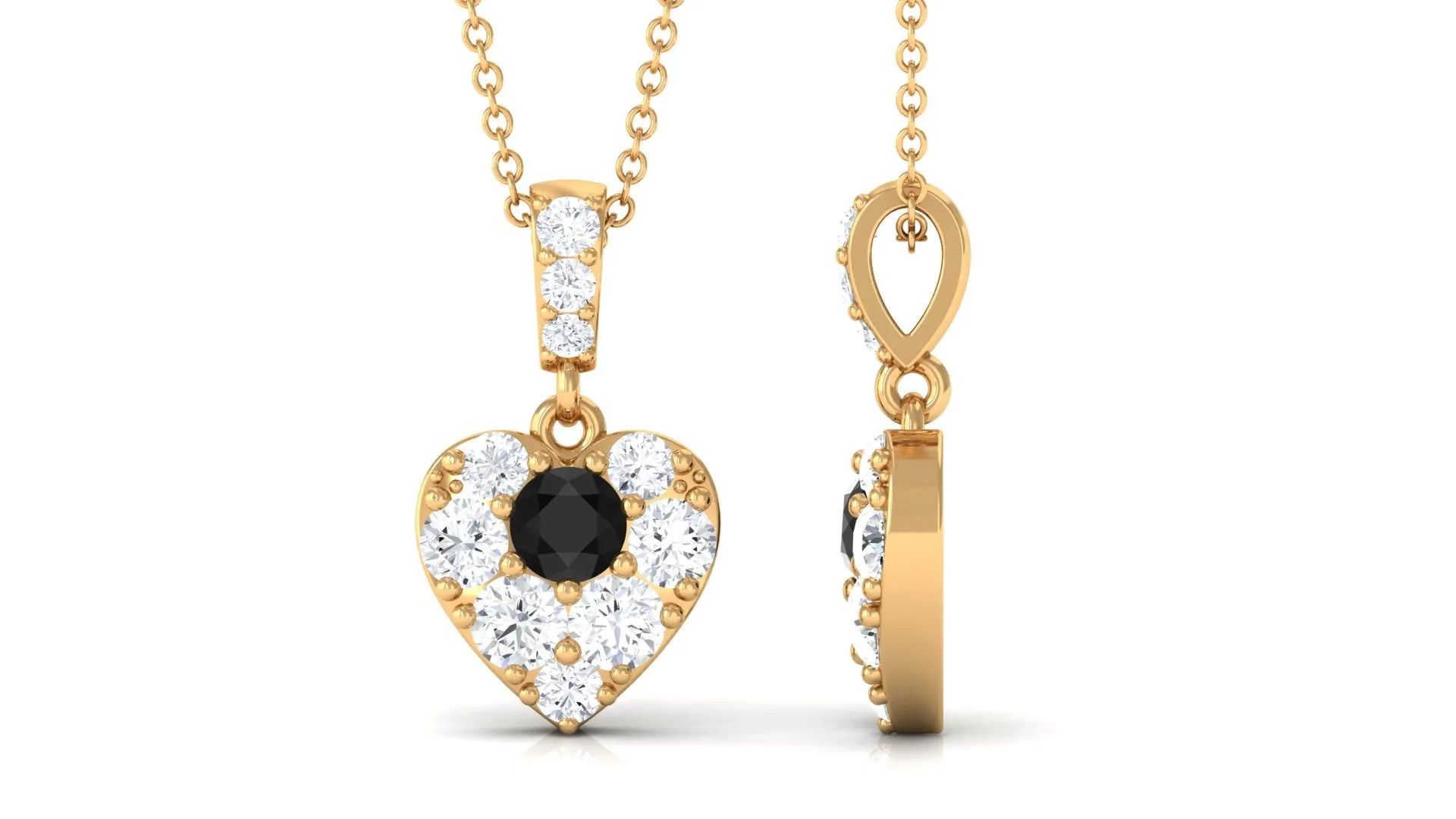 Round Black Spinel and Moissanite Heart Pendant with Decorative Bail
