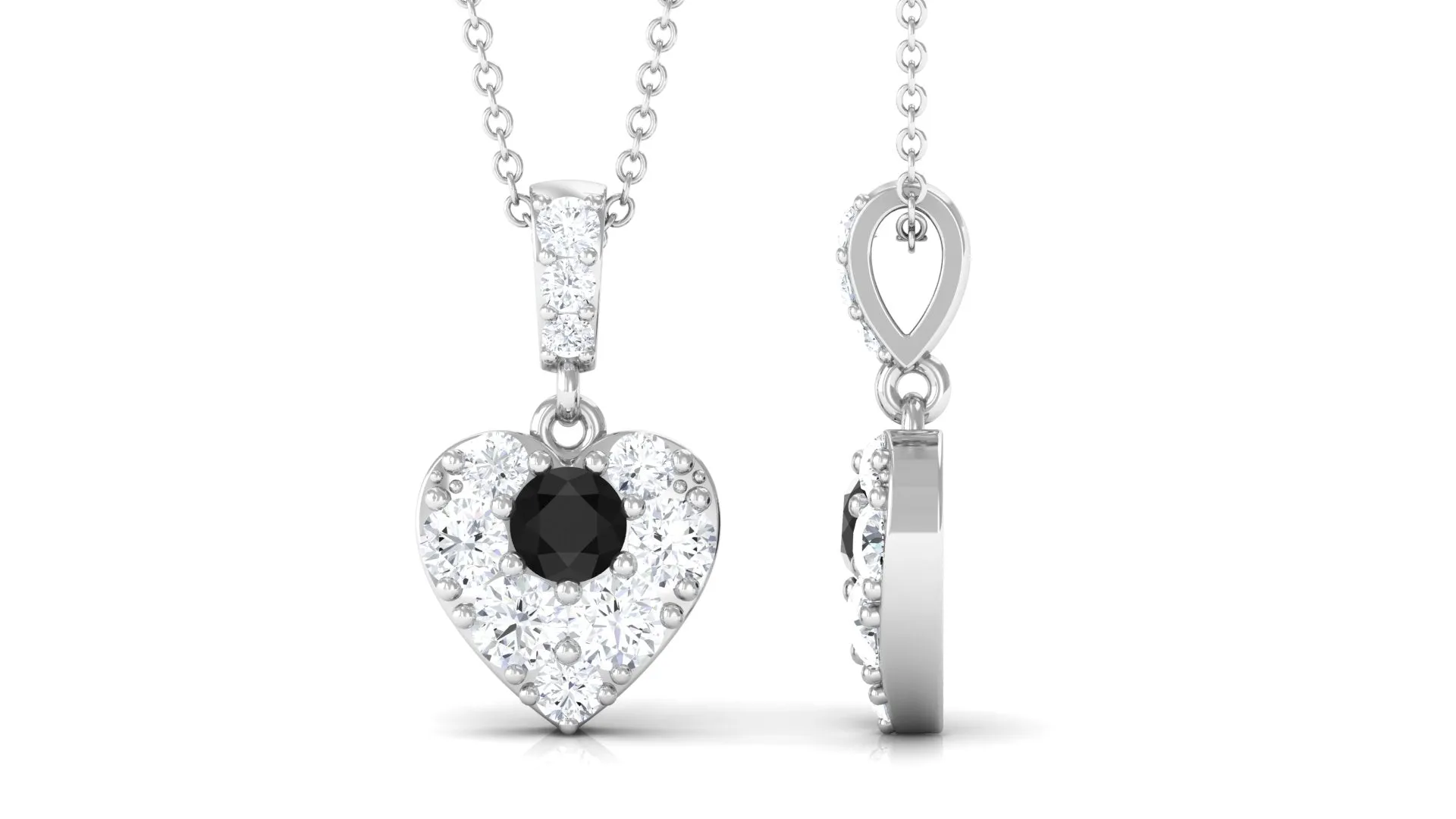 Round Black Spinel and Moissanite Heart Pendant with Decorative Bail