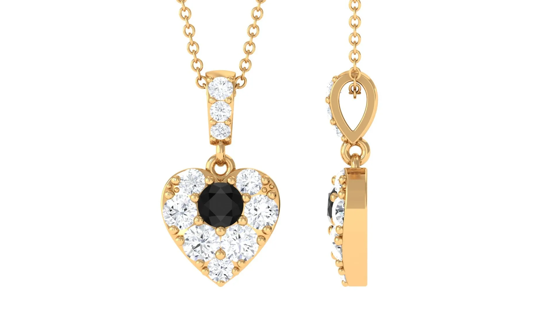 Round Black Spinel and Moissanite Heart Pendant with Decorative Bail