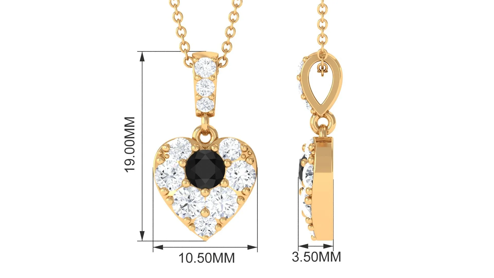 Round Black Spinel and Moissanite Heart Pendant with Decorative Bail