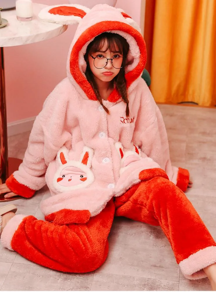 ROUND FACE RABBIT THICKENED FLANNEL HOUSEHOLD CLOTHES HOODED