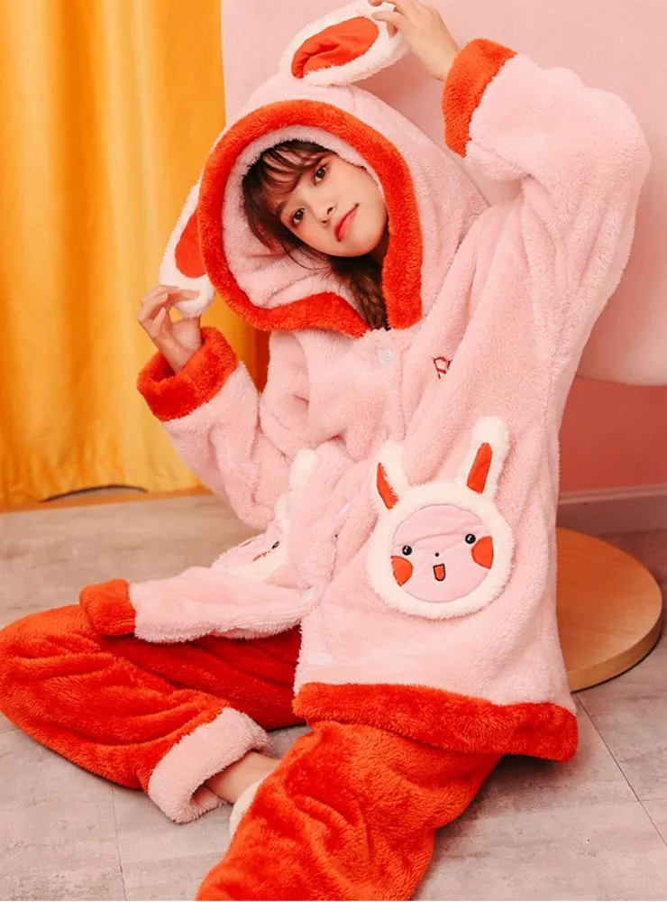 ROUND FACE RABBIT THICKENED FLANNEL HOUSEHOLD CLOTHES HOODED