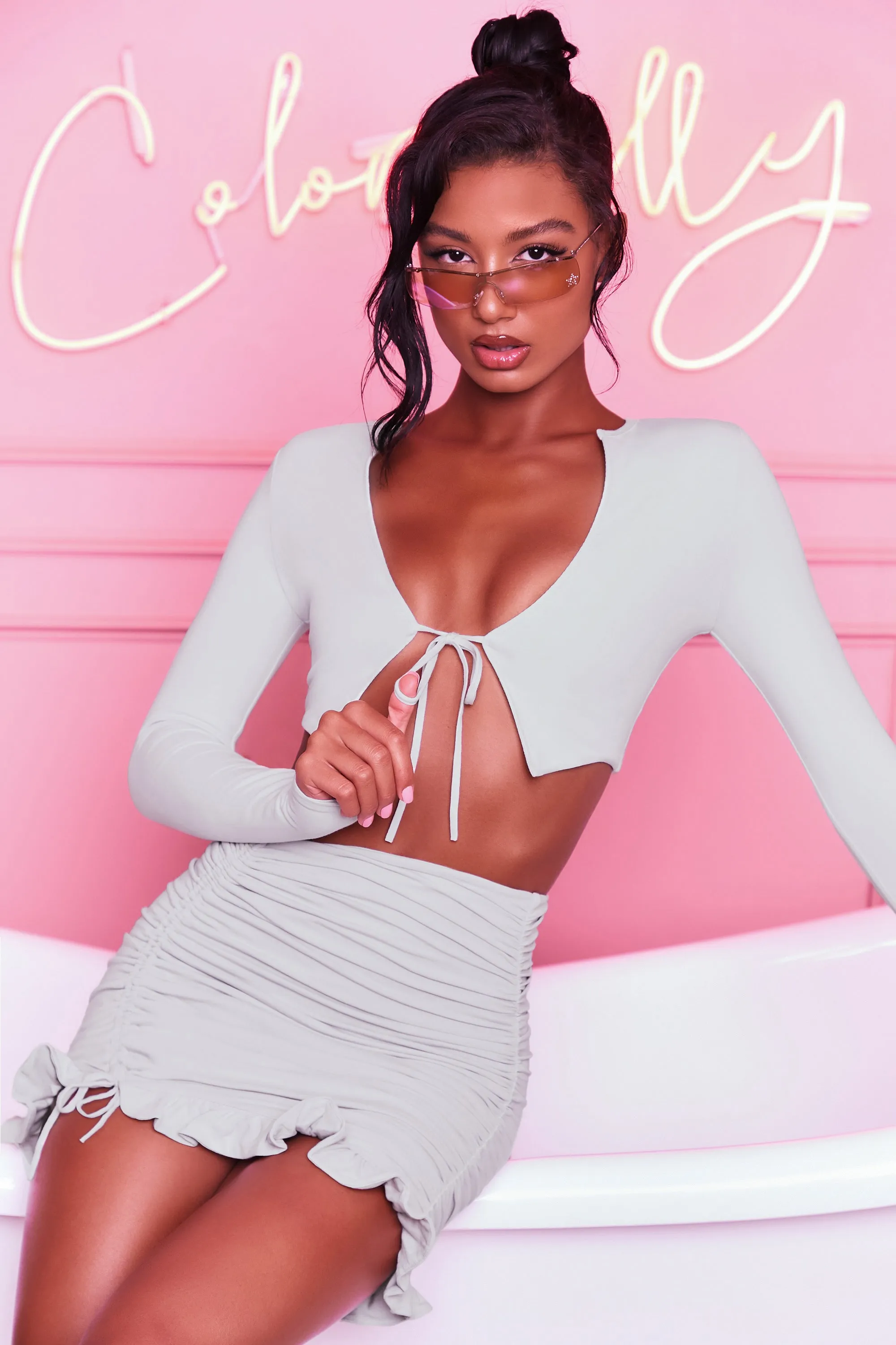 Ruched Bodycon Mini Skirt in Grey