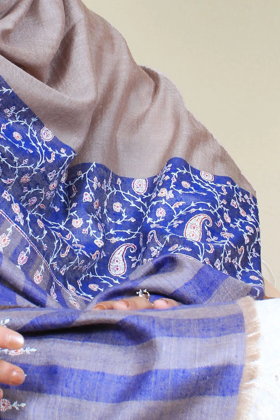 Ruhaan Nude Beige Dourdar Sozni Embroiderd Pashmina Shawl