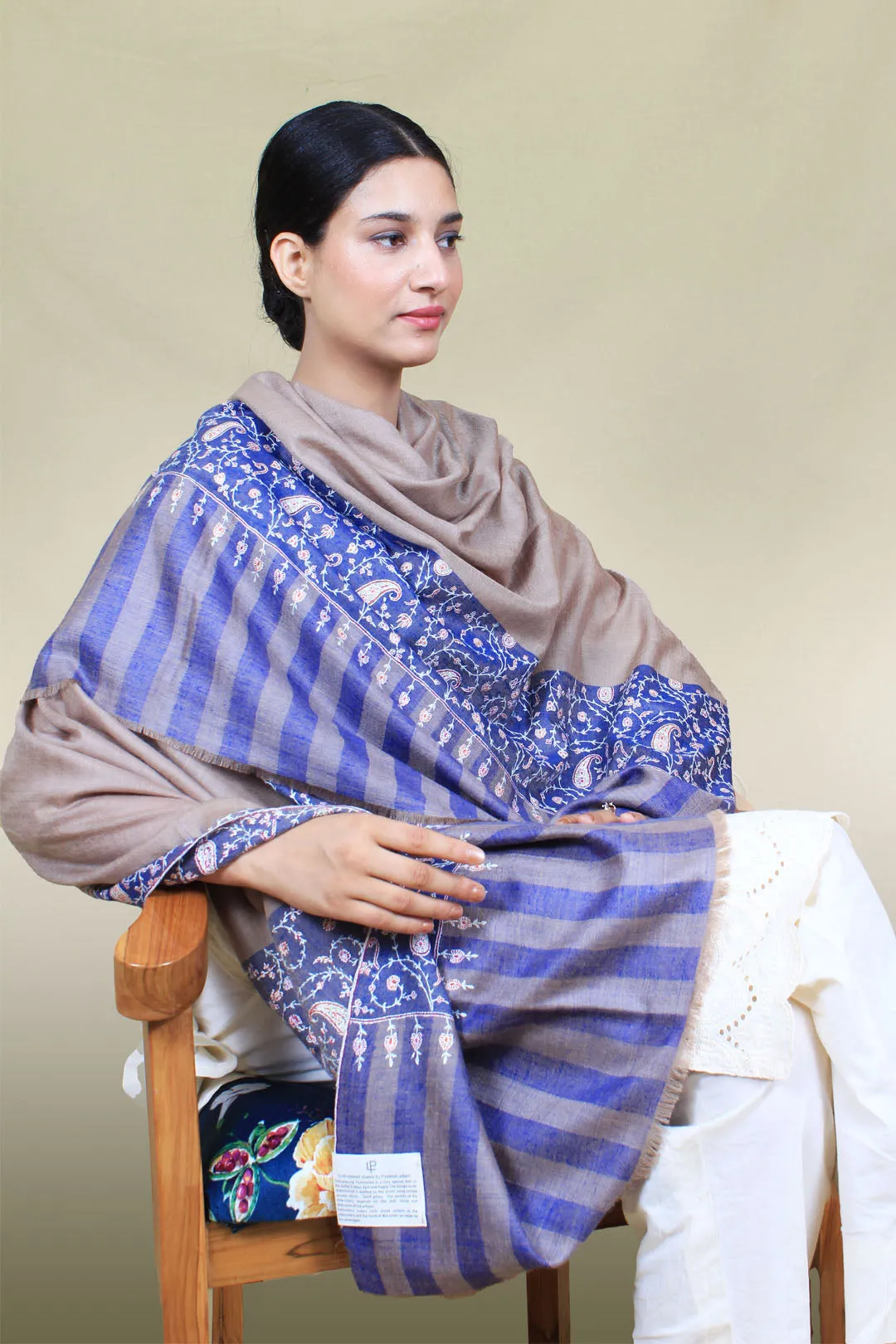 Ruhaan Nude Beige Dourdar Sozni Embroiderd Pashmina Shawl