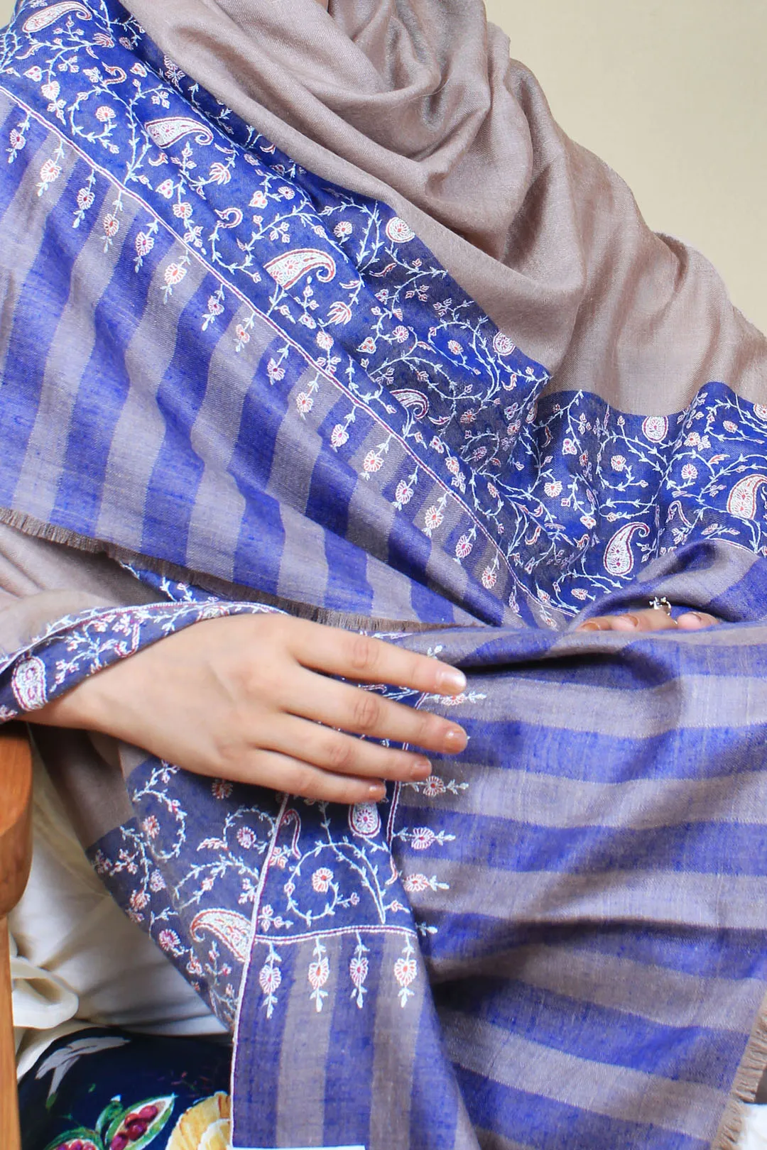 Ruhaan Nude Beige Dourdar Sozni Embroiderd Pashmina Shawl