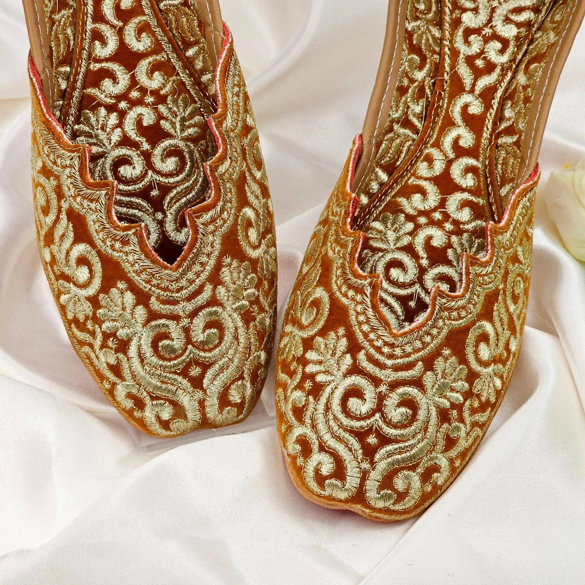 Rust Gold Double Cushion Zari Work Handcrafted Jutti