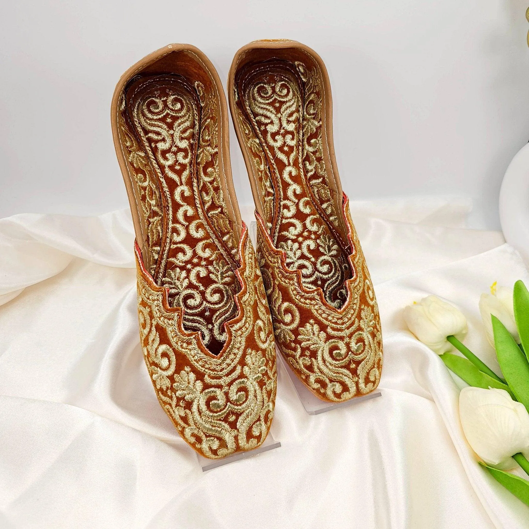 Rust Gold Double Cushion Zari Work Handcrafted Jutti