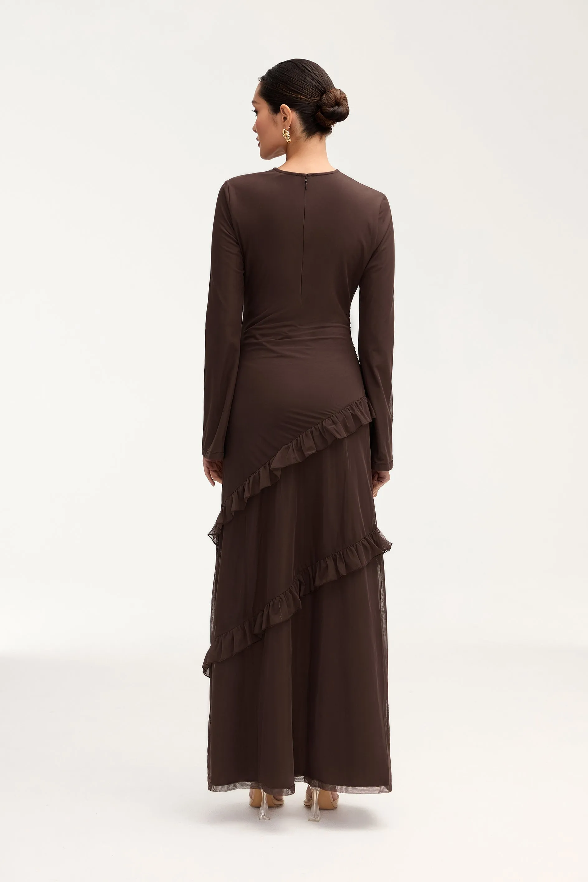Sabrina Waterfall Mesh Maxi Dress - Espresso