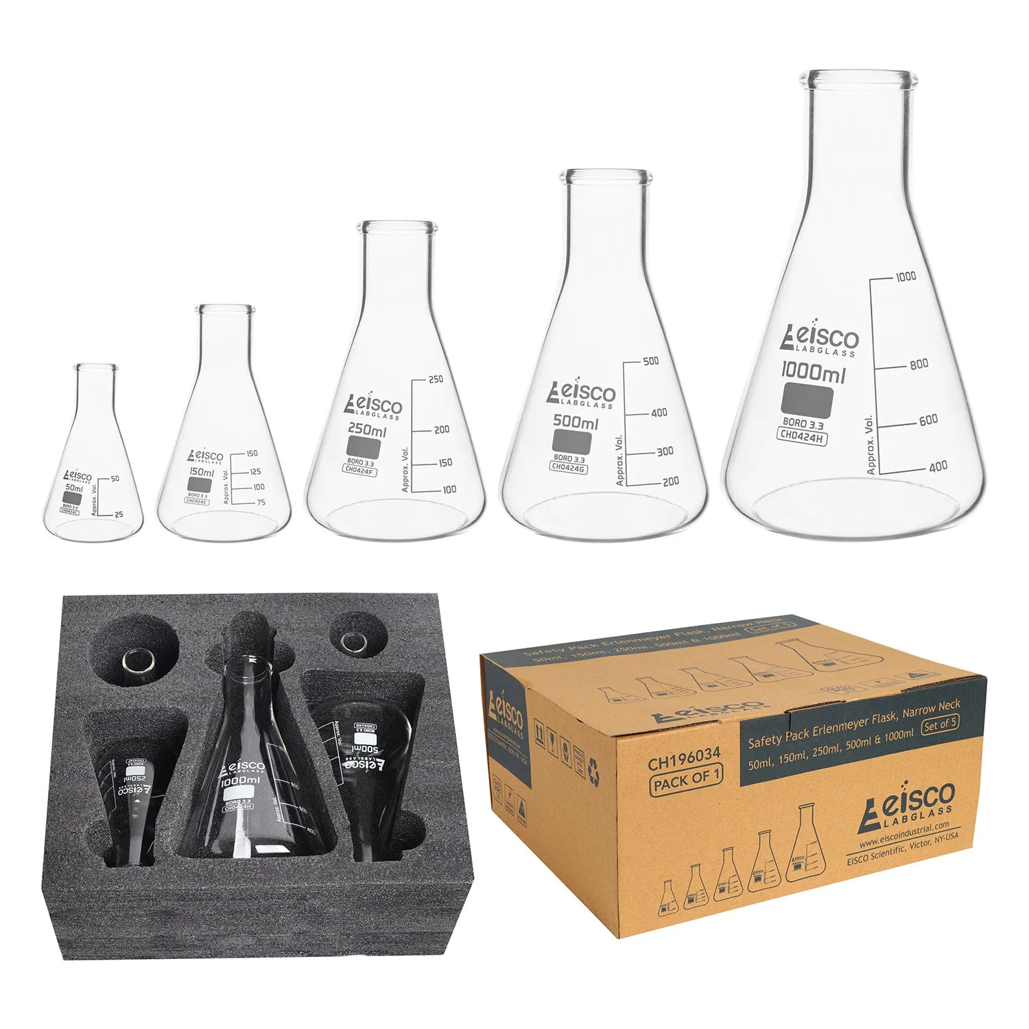 Safety Pack Erlenmeyer Flask Set - 50ml, 150ml, 250ml, 500ml & 1000ml - Narrow Neck, Borosilicate 3.3 Glass