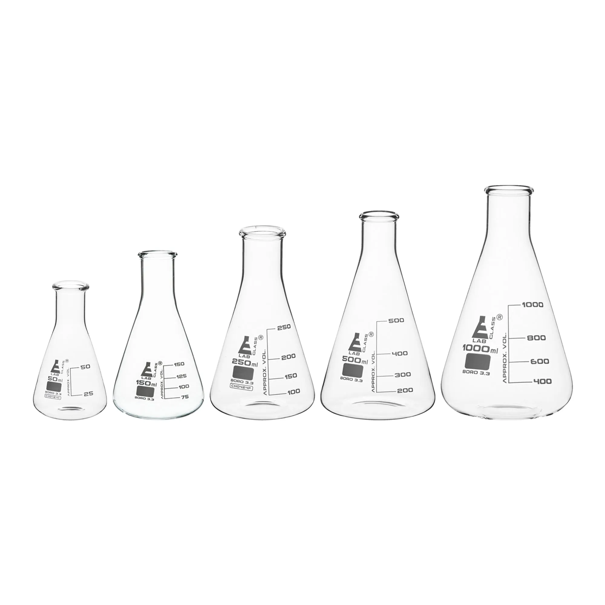 Safety Pack Erlenmeyer Flask Set - 50ml, 150ml, 250ml, 500ml & 1000ml - Narrow Neck, Borosilicate 3.3 Glass