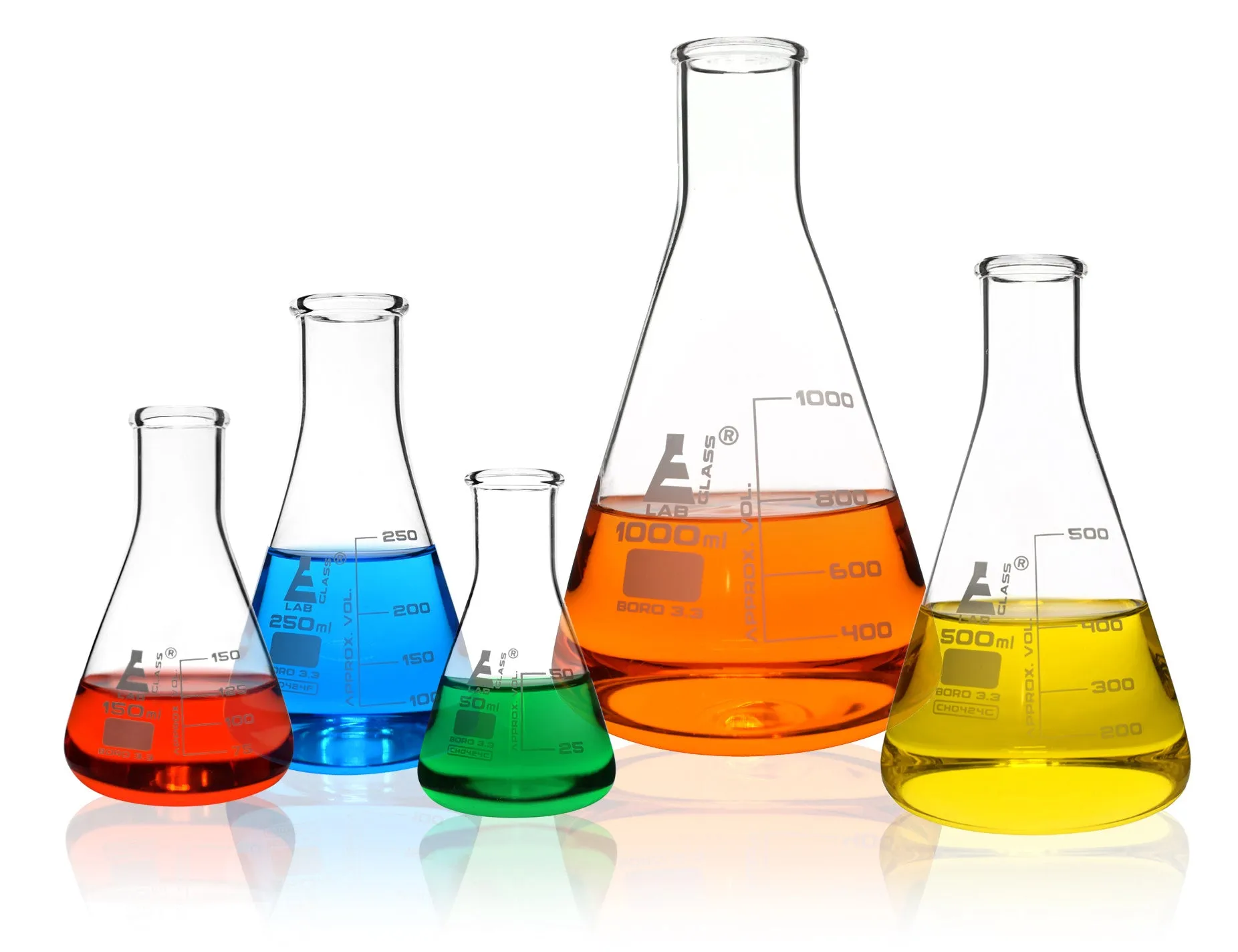 Safety Pack Erlenmeyer Flask Set - 50ml, 150ml, 250ml, 500ml & 1000ml - Narrow Neck, Borosilicate 3.3 Glass