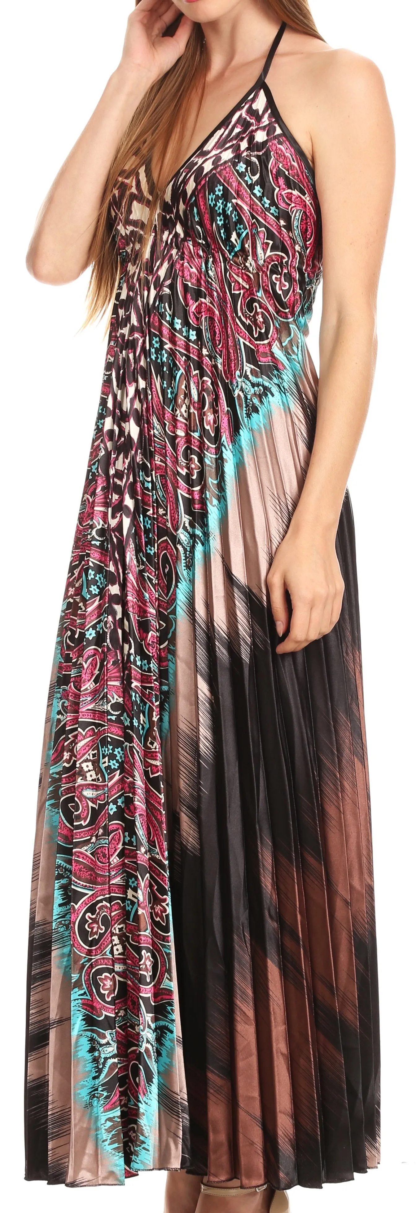 Sakkas Zira Adjustable Long Pleated Empire Waist Dress Paisley Evening Satin
