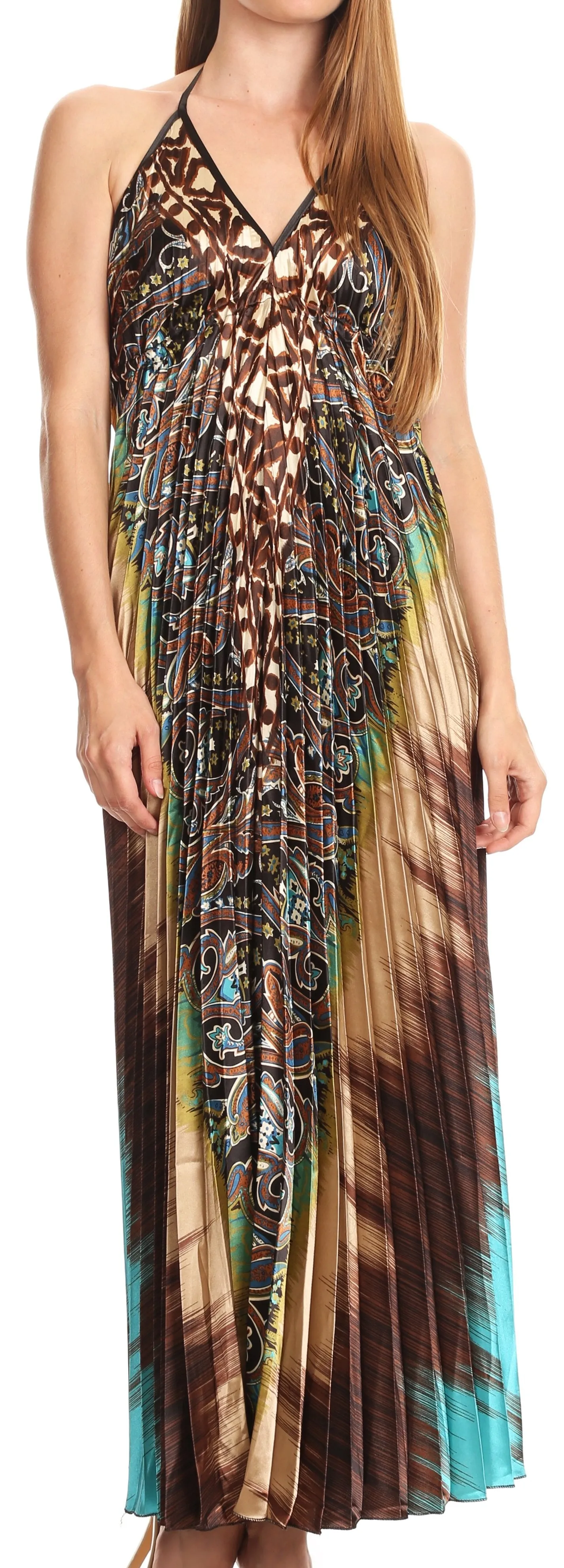 Sakkas Zira Adjustable Long Pleated Empire Waist Dress Paisley Evening Satin