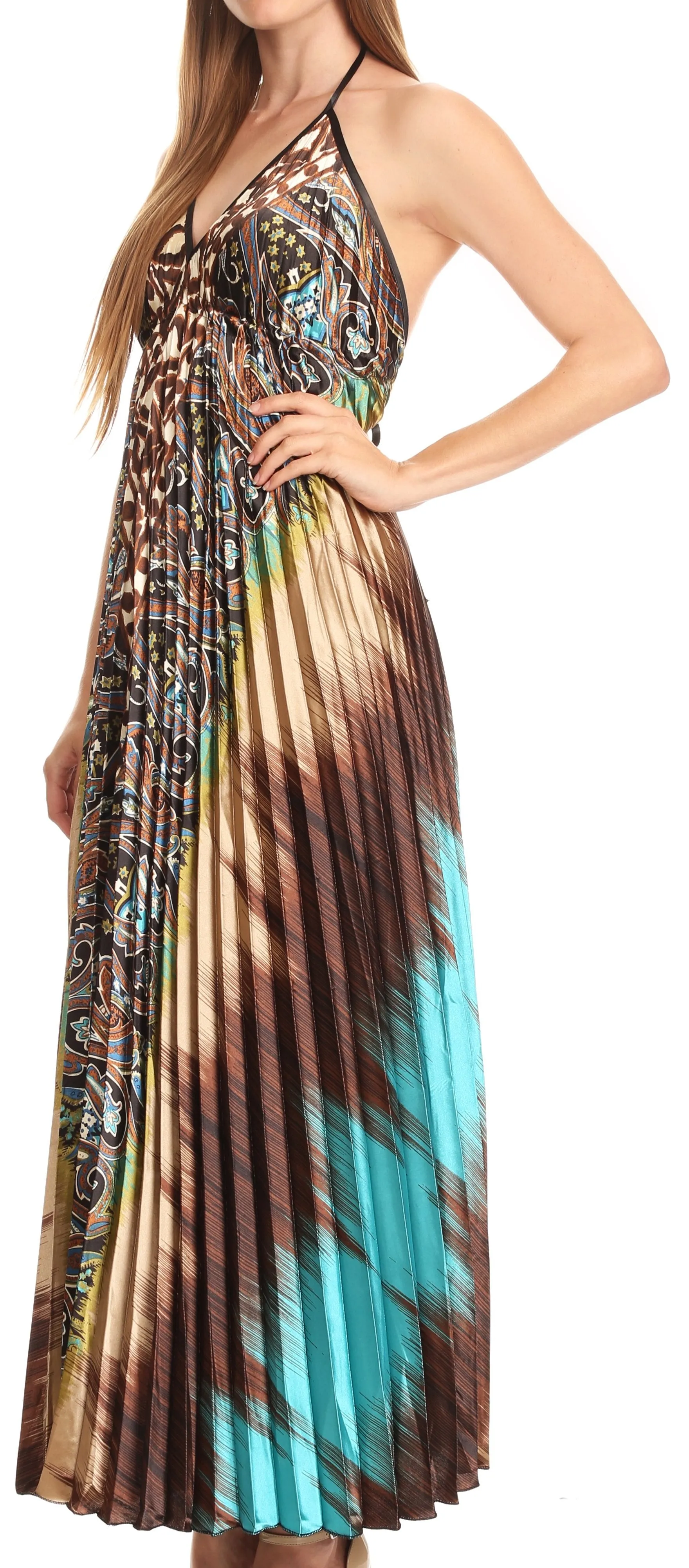 Sakkas Zira Adjustable Long Pleated Empire Waist Dress Paisley Evening Satin