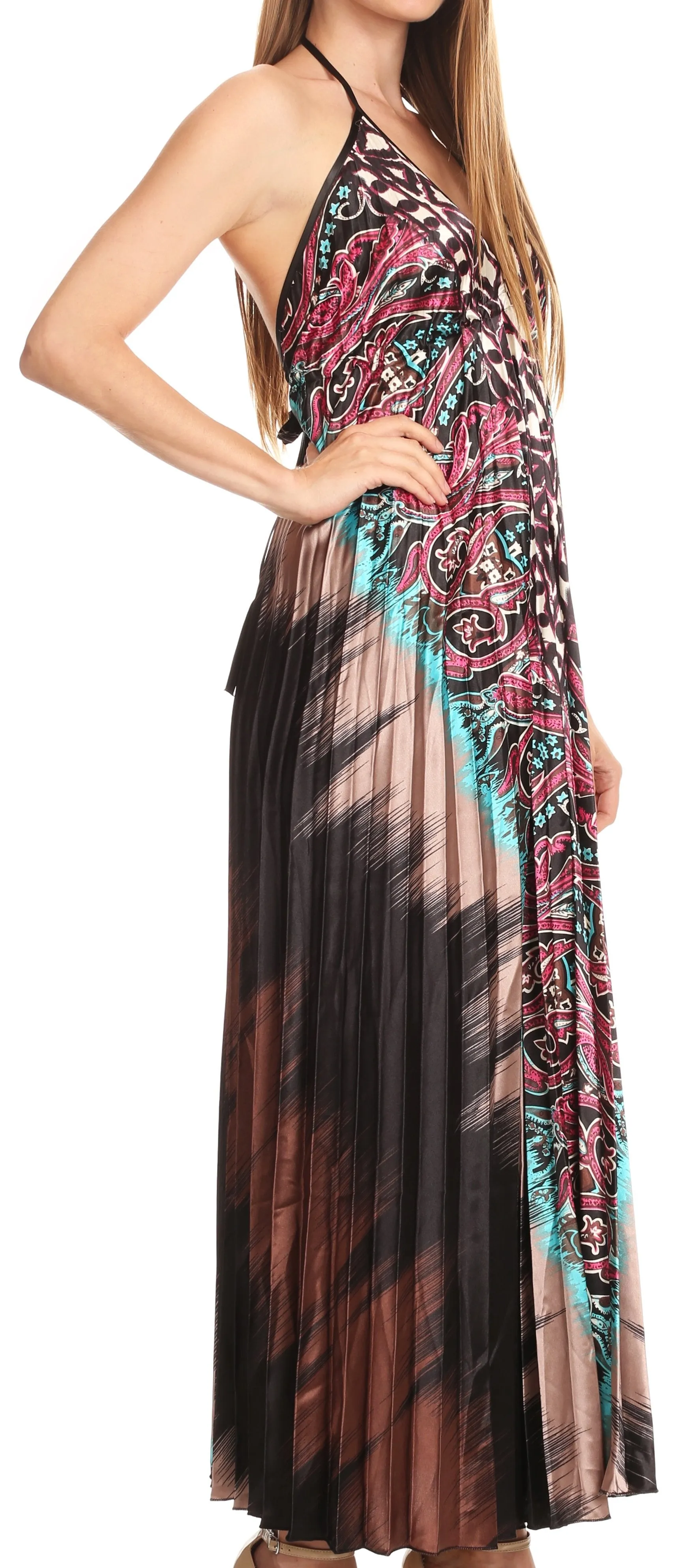 Sakkas Zira Adjustable Long Pleated Empire Waist Dress Paisley Evening Satin