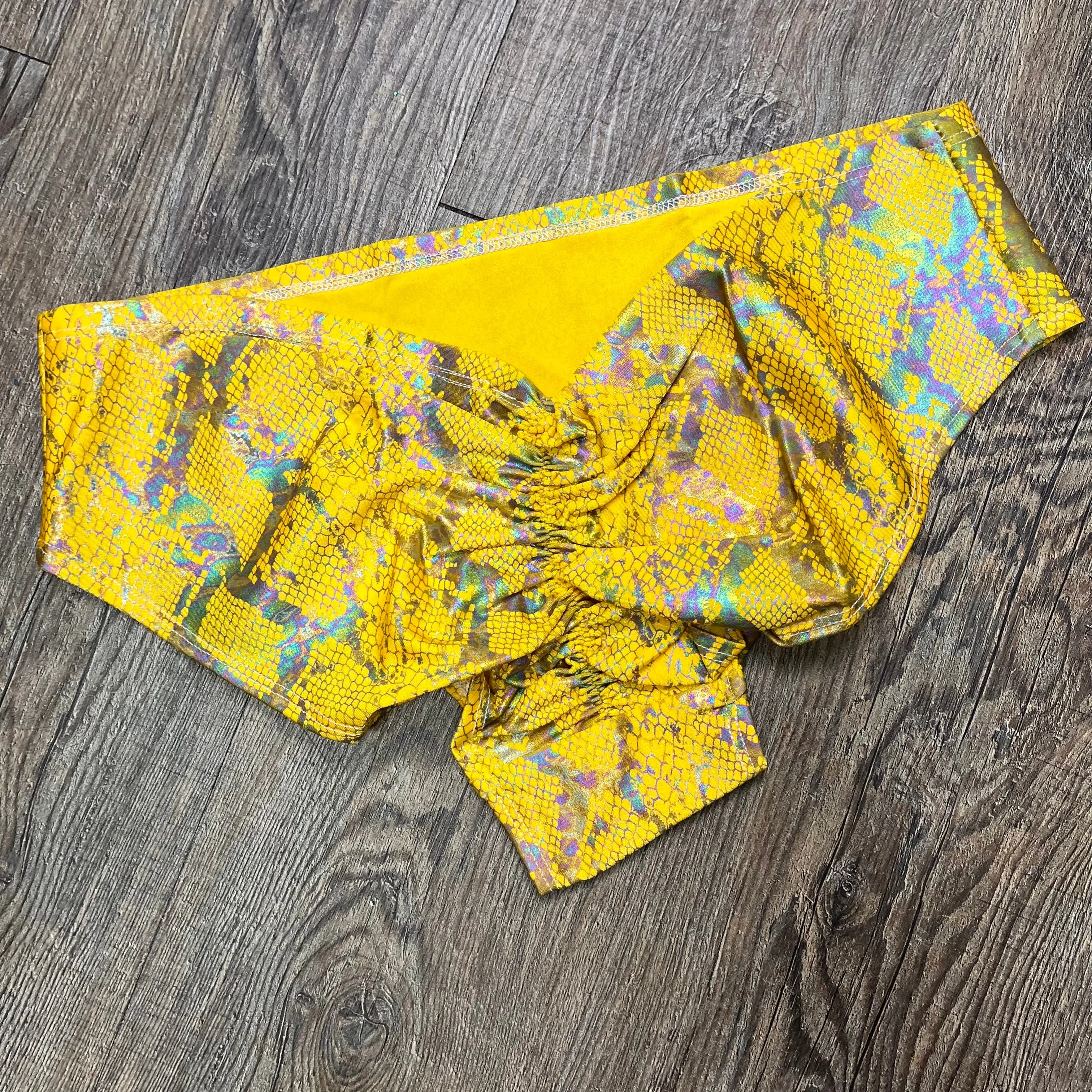 SALE - Low-Rise Cheeky Scrunch Bikini - Yellow Holographic Snakeskin