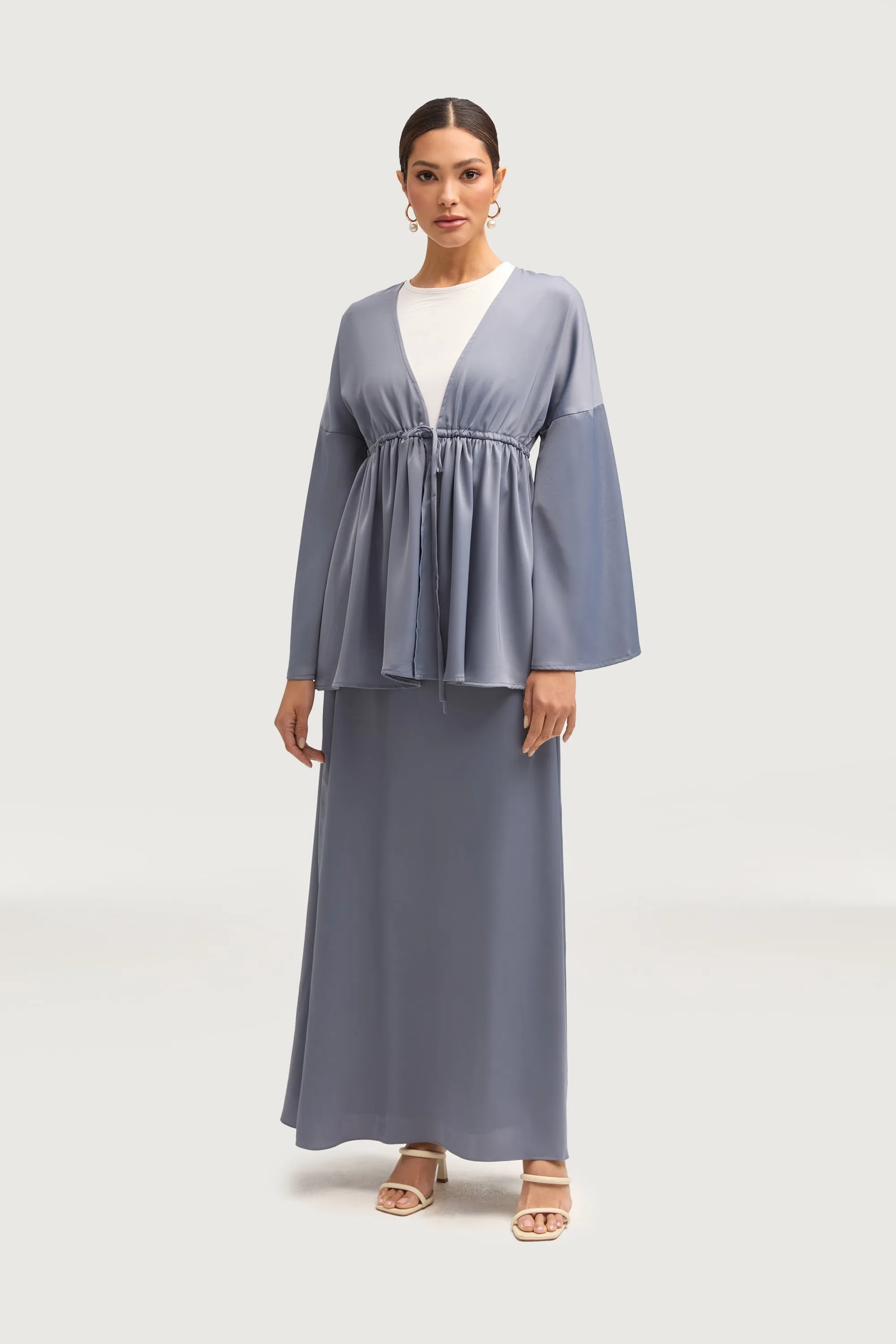 Samia Satin Tie Front Top - Winter Blue