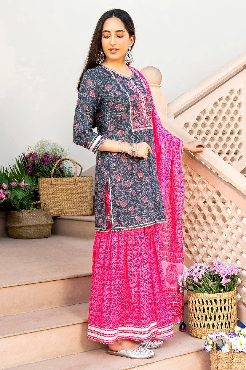 Samrina Printed Blue Embroidered Straight Kurta With Sharara & Dupatta