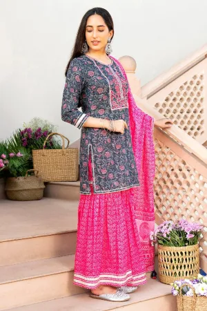 Samrina Printed Blue Embroidered Straight Kurta With Sharara & Dupatta