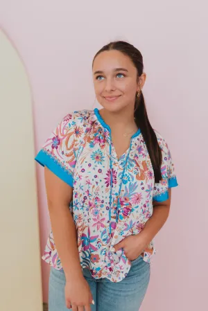Santorini Sunset Floral Tie Neck Blouse
