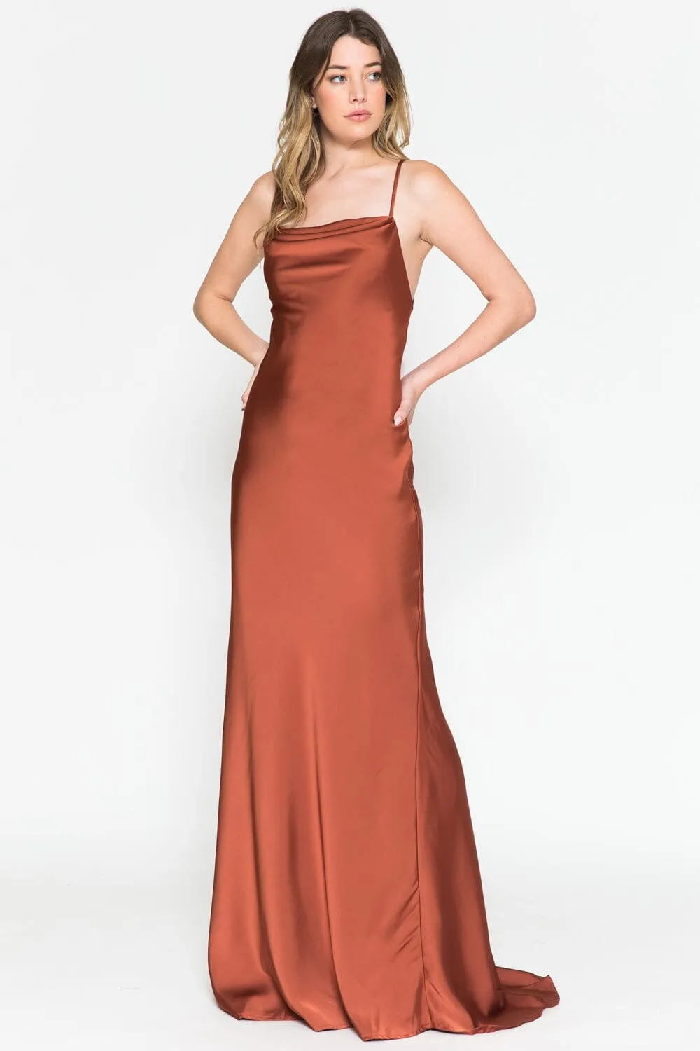 Satin Long Sleeveless Cowl Dress by Amelia Couture 6111