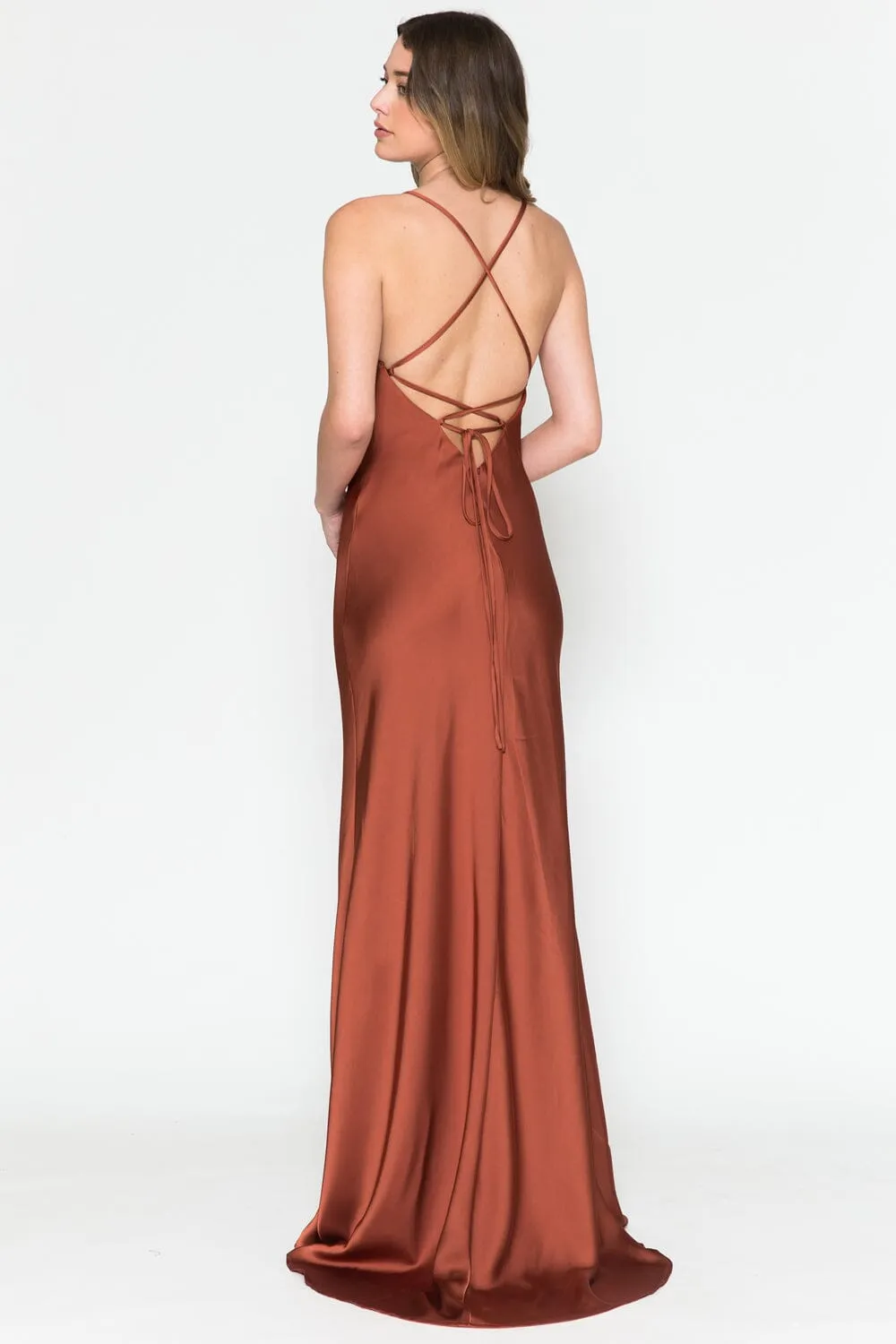 Satin Long Sleeveless Cowl Dress by Amelia Couture 6111