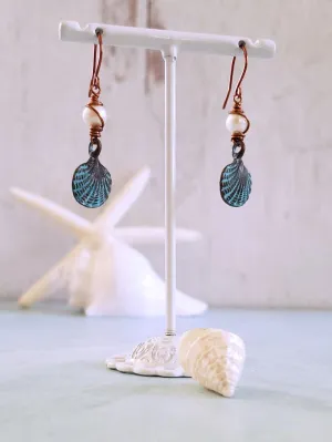 Scallop Sea Shell Earrings - Patina Copper & Pearls